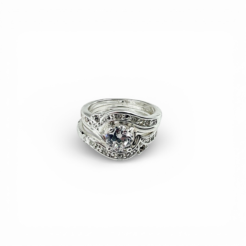 Avon Bridal Ring Set Size 10 Rhodium Plated CZ Engagement Wrap Bands Early 2000s